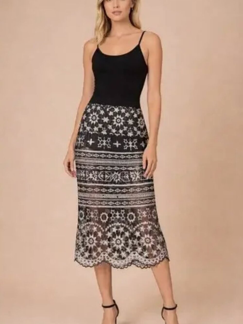 Jen’s Pirate Booty Embroidered Lace Midi Skirt Galactic Print Size Small